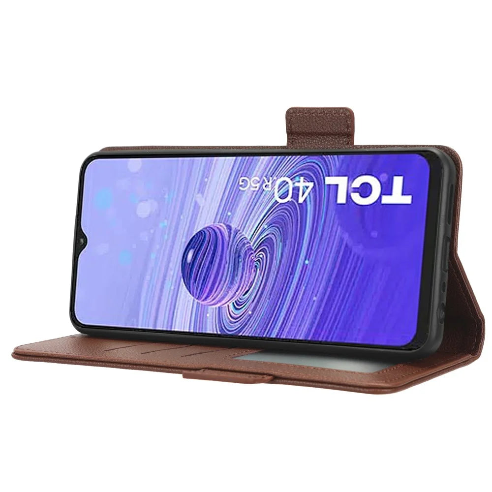 Leather Smartphone Case for TCL 40R 5G, Dual Magnetic Clasp Litchi Texture Flip Wallet Stand Scratch-resistant Phone Cover - Brown - 3