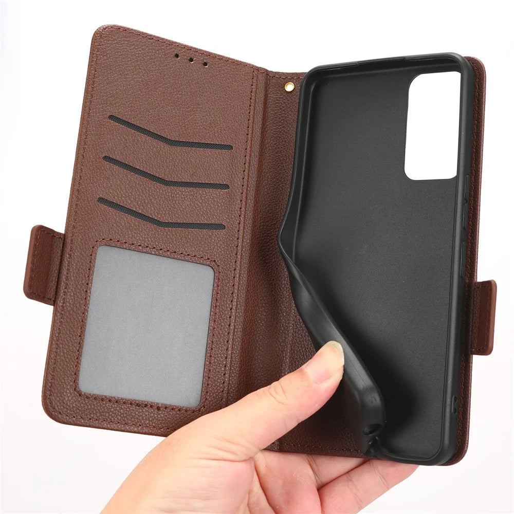 Leather Smartphone Case for TCL 40R 5G, Dual Magnetic Clasp Litchi Texture Flip Wallet Stand Scratch-resistant Phone Cover - Brown - 4