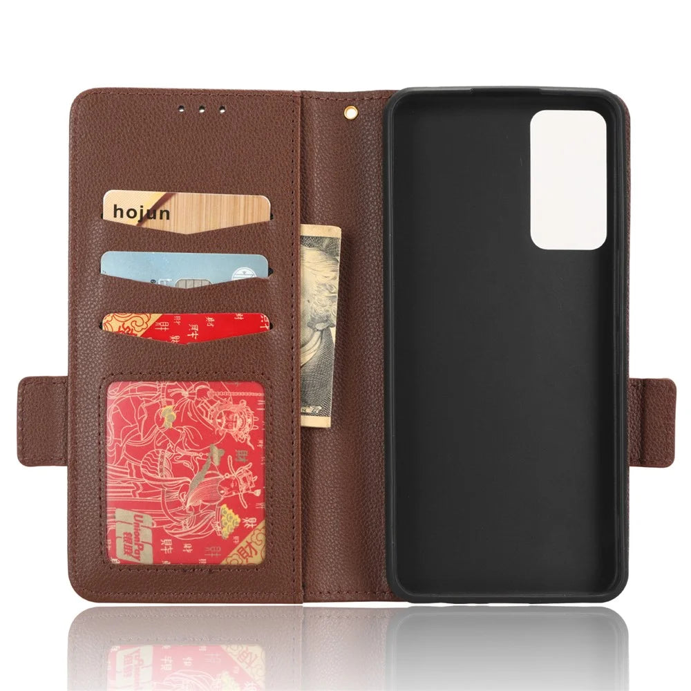 Leather Smartphone Case for TCL 40R 5G, Dual Magnetic Clasp Litchi Texture Flip Wallet Stand Scratch-resistant Phone Cover - Brown - 5