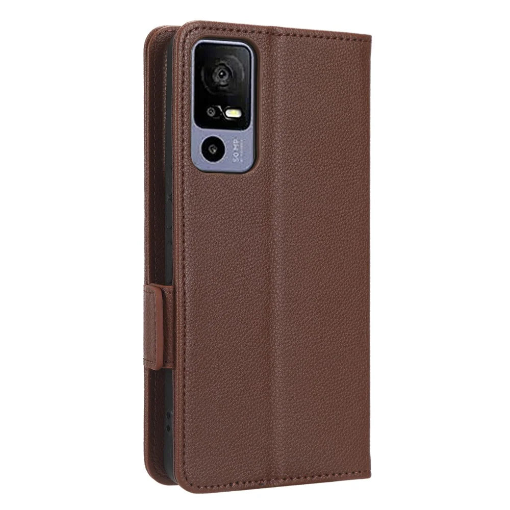Leather Smartphone Case for TCL 40R 5G, Dual Magnetic Clasp Litchi Texture Flip Wallet Stand Scratch-resistant Phone Cover - Brown - 6