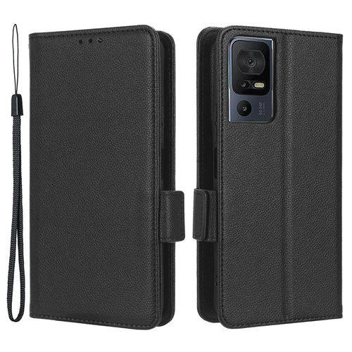 Anti-fall Leather Phone Case for TCL 40 SE, Magnetic Litchi Texture Protective Cell Phone Cover with Wallet Stand - Black - 1