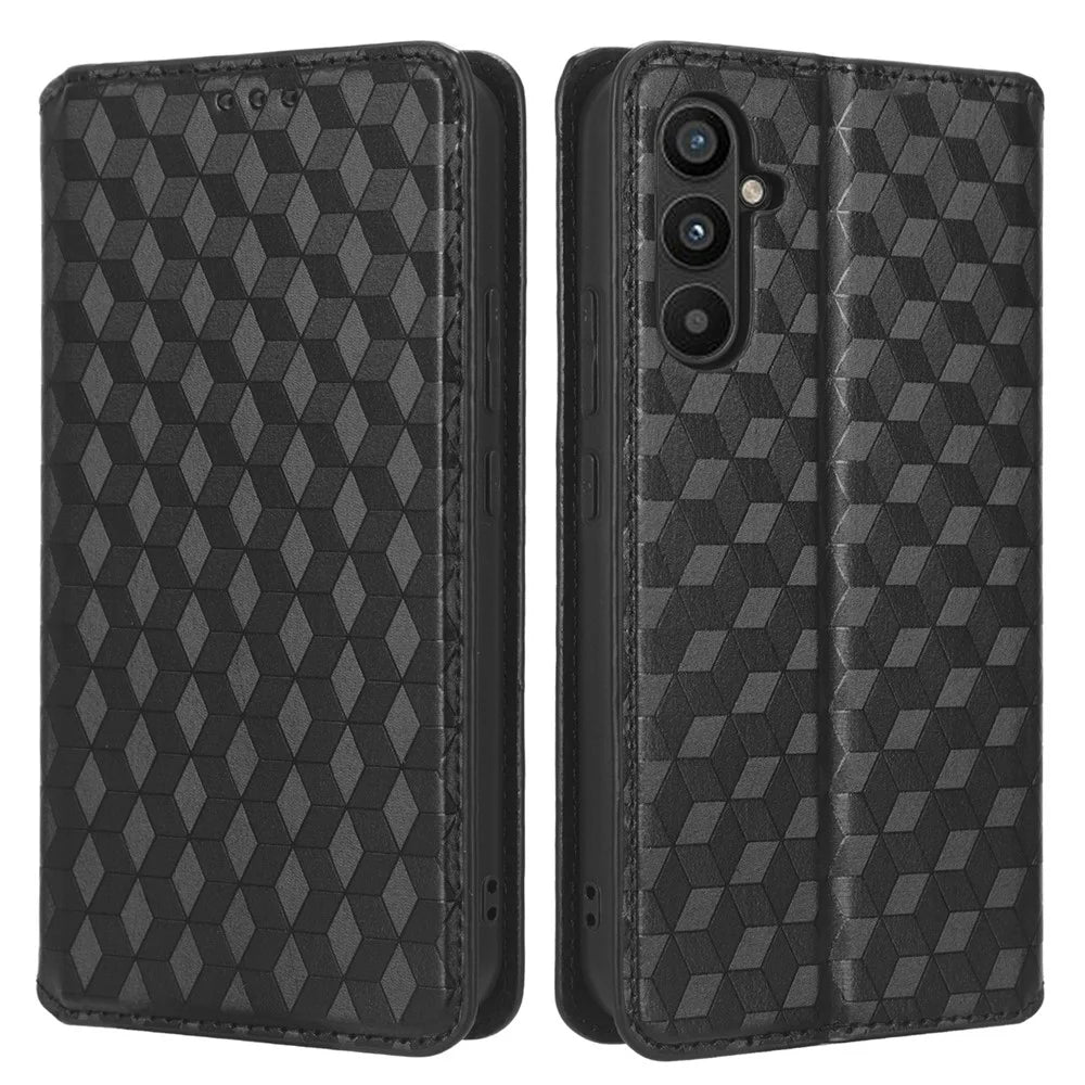 For Samsung Galaxy A34 5G Wallet Shockproof PU Leather Flip Phone Case Rhombus Pattern Imprinted Magnetic Closure Stand Cover - Black - 1