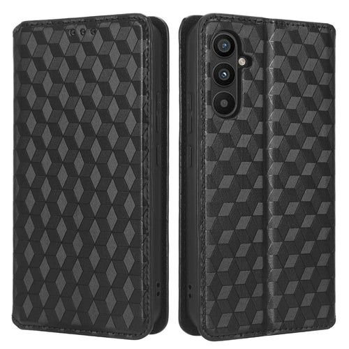For Samsung Galaxy A34 5G Wallet Shockproof PU Leather Flip Phone Case Rhombus Pattern Imprinted Magnetic Closure Stand Cover - Black - 1