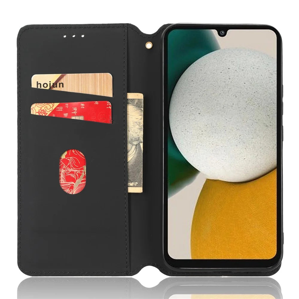 For Samsung Galaxy A34 5G Wallet Shockproof PU Leather Flip Phone Case Rhombus Pattern Imprinted Magnetic Closure Stand Cover - Black - 2