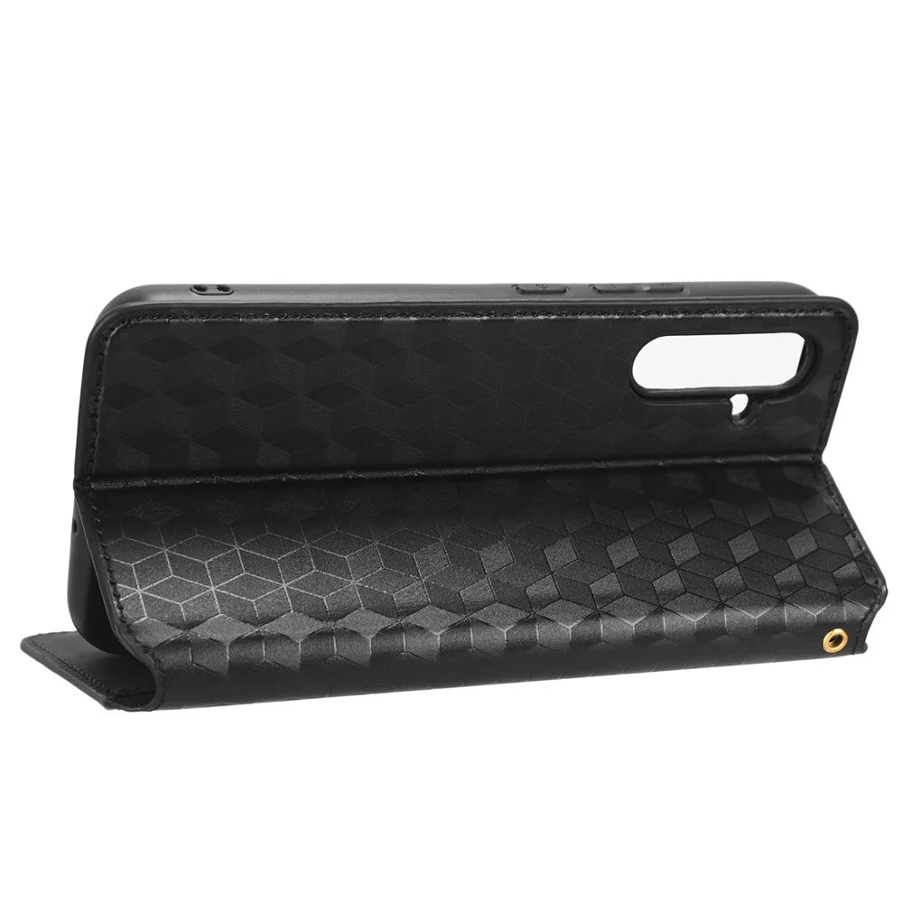 For Samsung Galaxy A34 5G Wallet Shockproof PU Leather Flip Phone Case Rhombus Pattern Imprinted Magnetic Closure Stand Cover - Black - 3