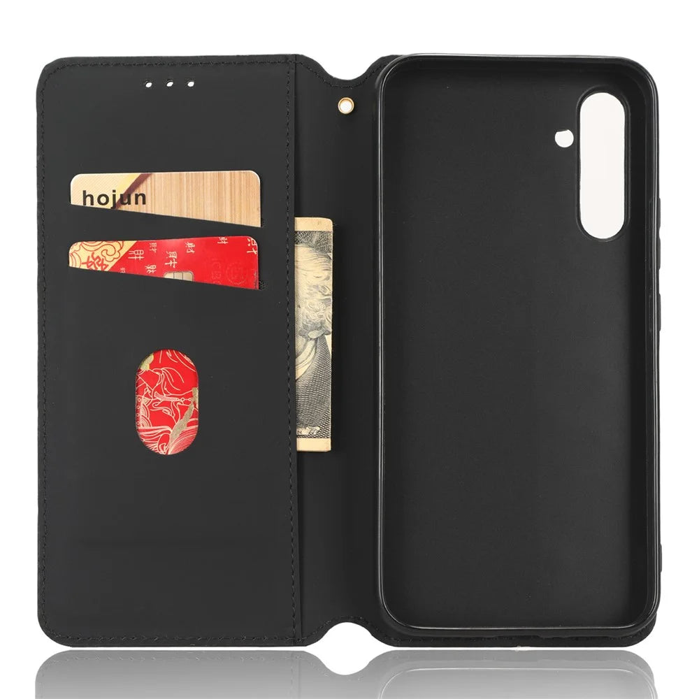 For Samsung Galaxy A34 5G Wallet Shockproof PU Leather Flip Phone Case Rhombus Pattern Imprinted Magnetic Closure Stand Cover - Black - 4