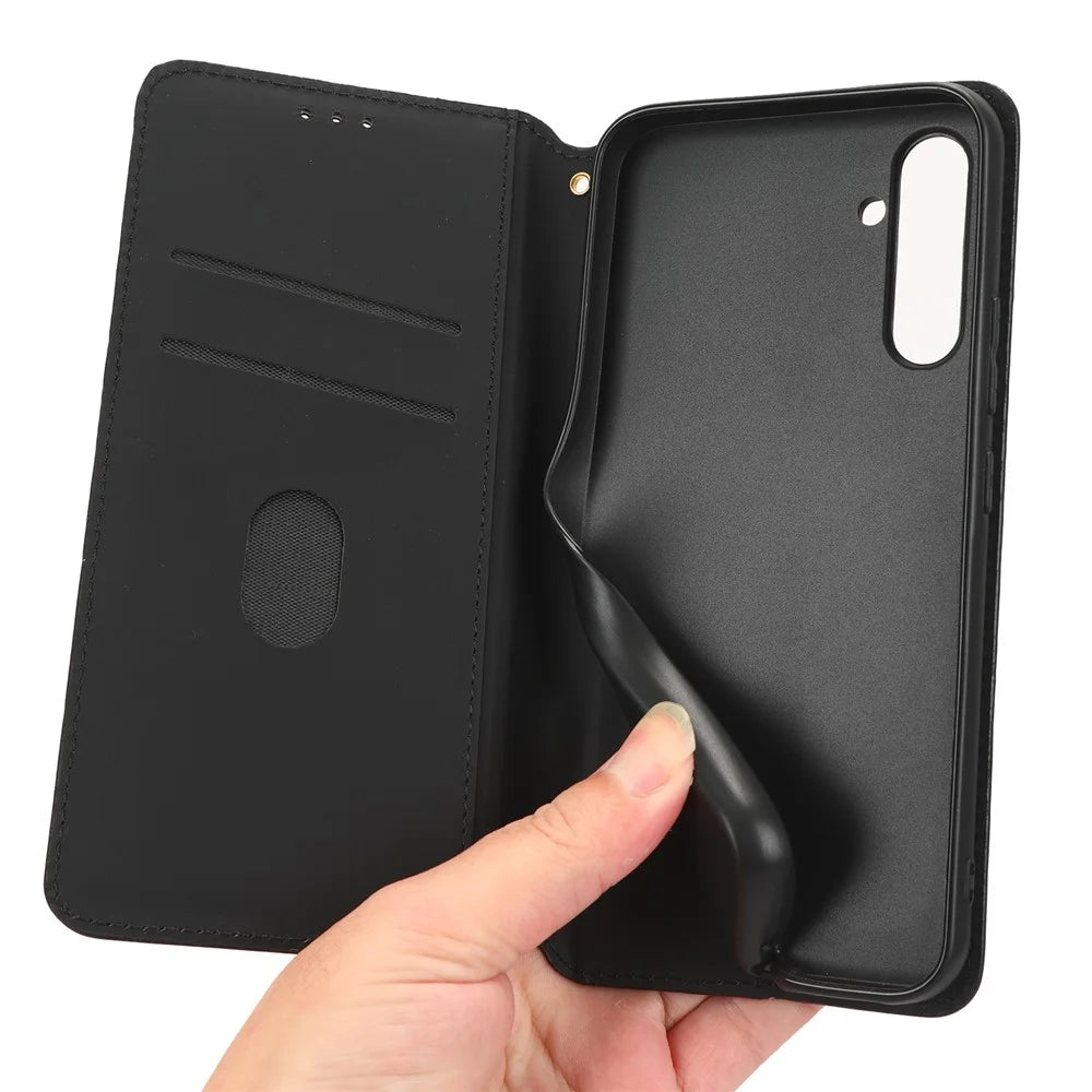 For Samsung Galaxy A34 5G Wallet Shockproof PU Leather Flip Phone Case Rhombus Pattern Imprinted Magnetic Closure Stand Cover - Black - 5