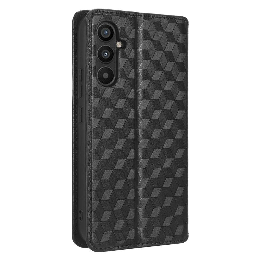 For Samsung Galaxy A34 5G Wallet Shockproof PU Leather Flip Phone Case Rhombus Pattern Imprinted Magnetic Closure Stand Cover - Black - 6
