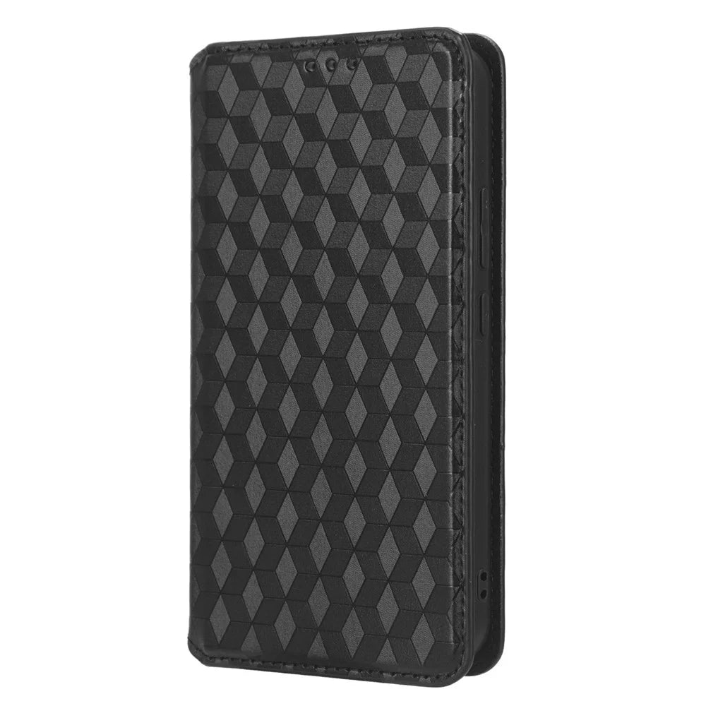 For Samsung Galaxy A34 5G Wallet Shockproof PU Leather Flip Phone Case Rhombus Pattern Imprinted Magnetic Closure Stand Cover - Black - 7