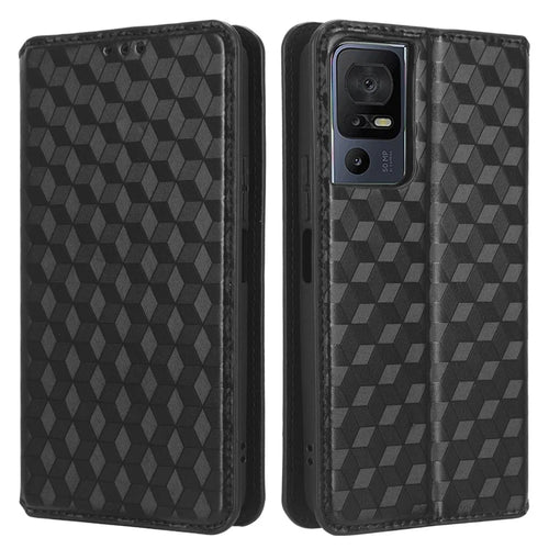 For TCL 40 SE Leather Flip Wallet Phone Cover Rhombus Pattern Imprinted Anti-Scratch Phone Stand Case - Black - 1