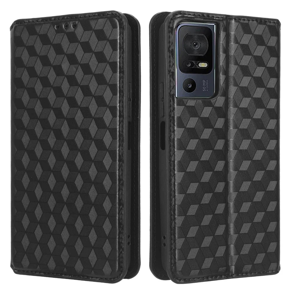 For TCL 40 SE Leather Flip Wallet Phone Cover Rhombus Pattern Imprinted Anti-Scratch Phone Stand Case - Black - 1