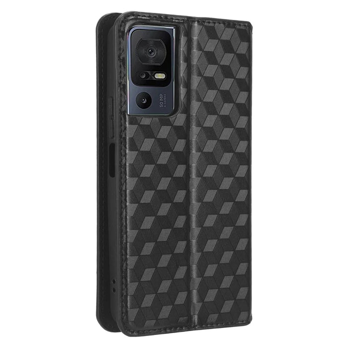 For TCL 40 SE Leather Flip Wallet Phone Cover Rhombus Pattern Imprinted Anti-Scratch Phone Stand Case - Black - 6