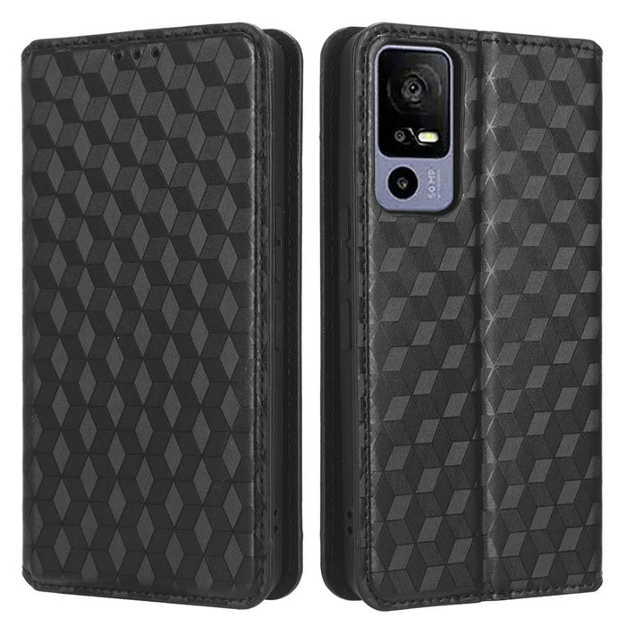 For TCL 40R 5G Cell Phone Case Wallet PU Leather Rhombus Pattern Imprinted Magnetic Closure Stand Cover - Black - 1