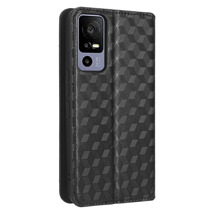 For TCL 40R 5G Cell Phone Case Wallet PU Leather Rhombus Pattern Imprinted Magnetic Closure Stand Cover - Black - 6