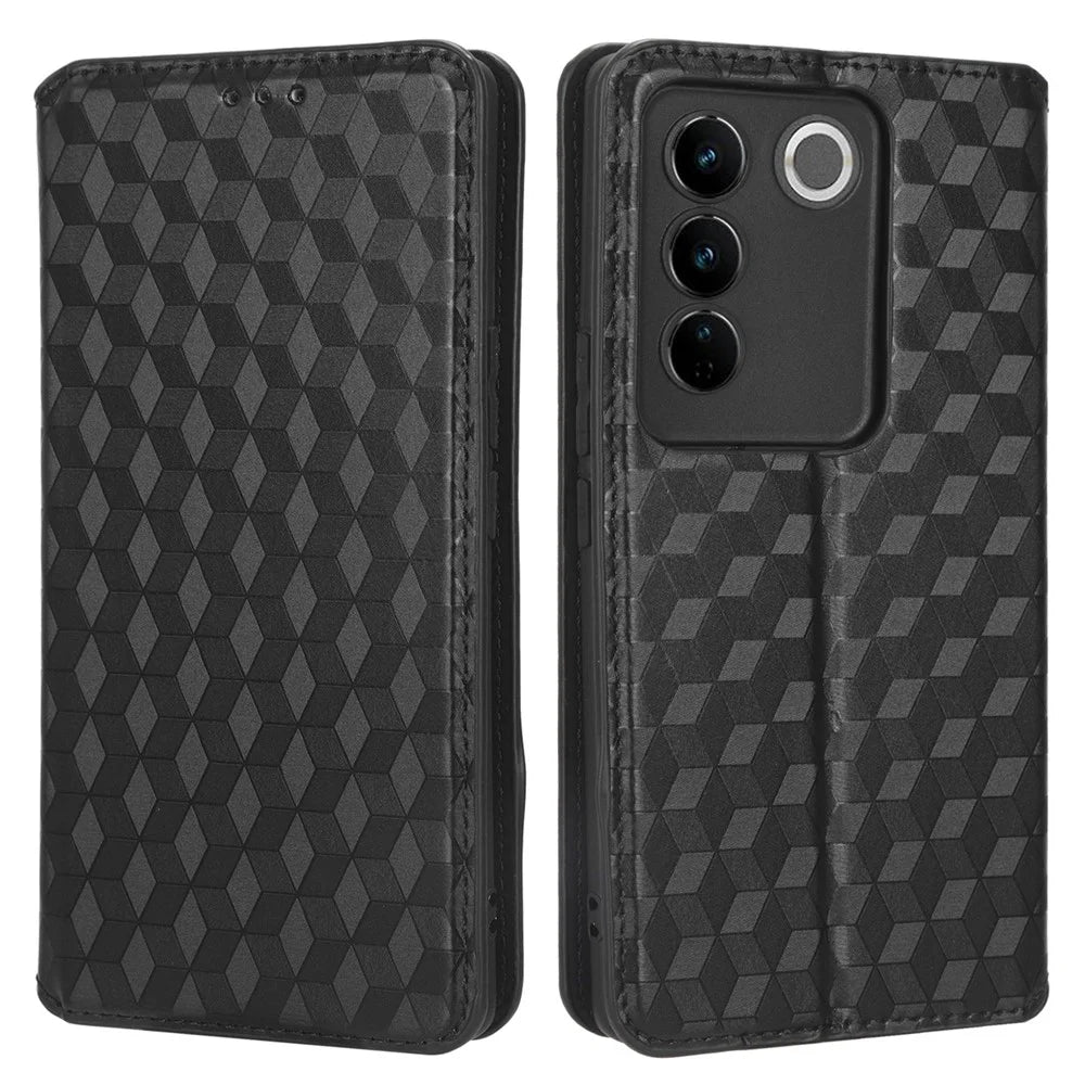 For vivo S16 / S16 Pro / V27 / V27 Pro Rhombus Pattern Imprinted Magnetic Closure Stand Cover Shockproof PU Leather Flip Wallet Phone Case - Black - 1
