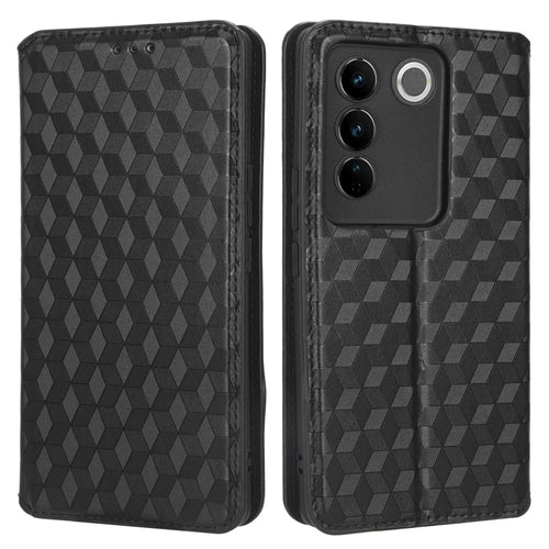 For vivo S16 / S16 Pro / V27 / V27 Pro Rhombus Pattern Imprinted Magnetic Closure Stand Cover Shockproof PU Leather Flip Wallet Phone Case - Black - 1