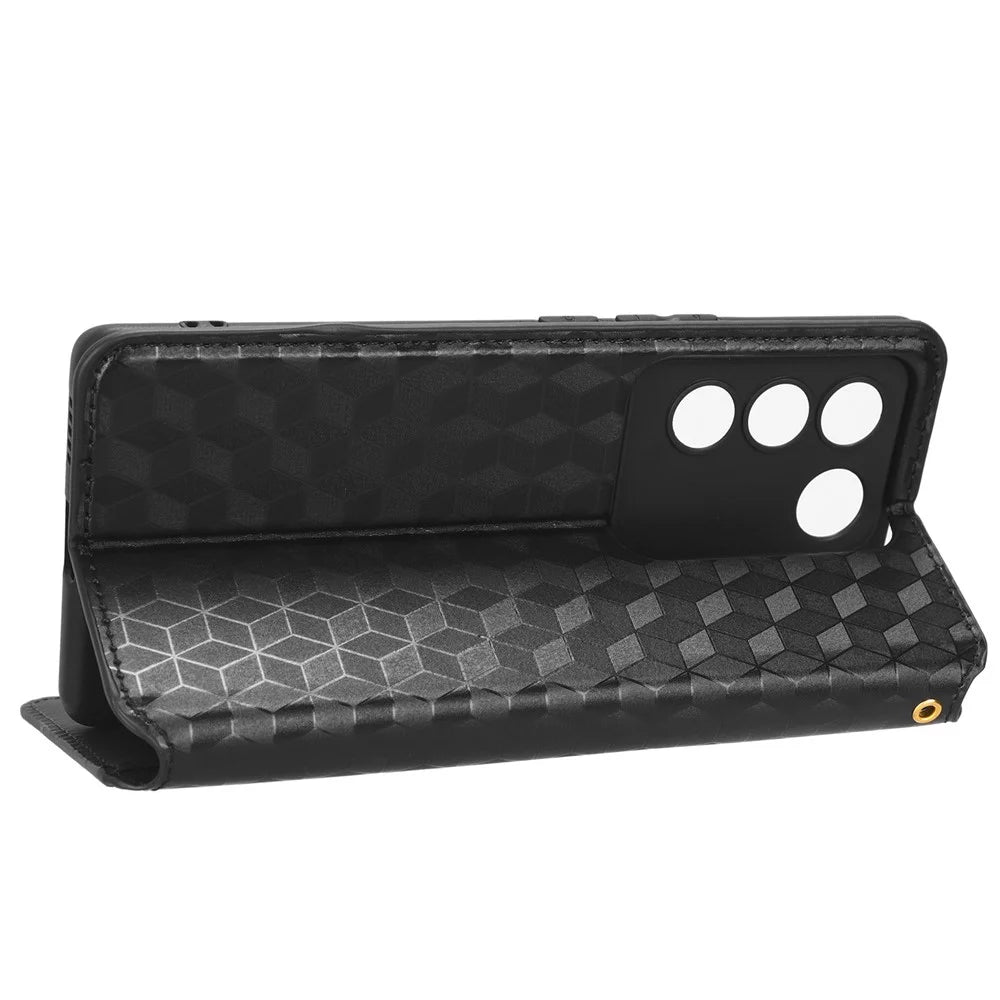 For vivo S16 / S16 Pro / V27 / V27 Pro Rhombus Pattern Imprinted Magnetic Closure Stand Cover Shockproof PU Leather Flip Wallet Phone Case - Black - 3