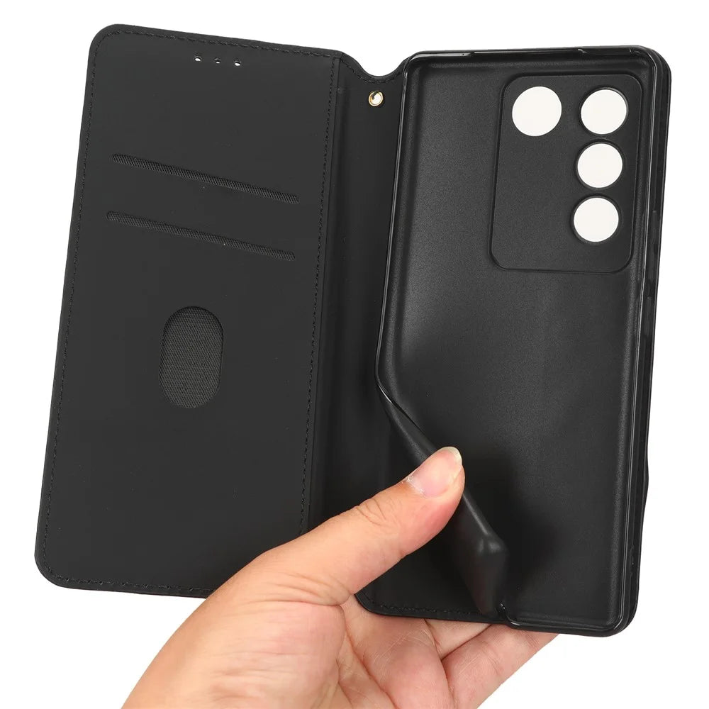 For vivo S16 / S16 Pro / V27 / V27 Pro Rhombus Pattern Imprinted Magnetic Closure Stand Cover Shockproof PU Leather Flip Wallet Phone Case - Black - 5