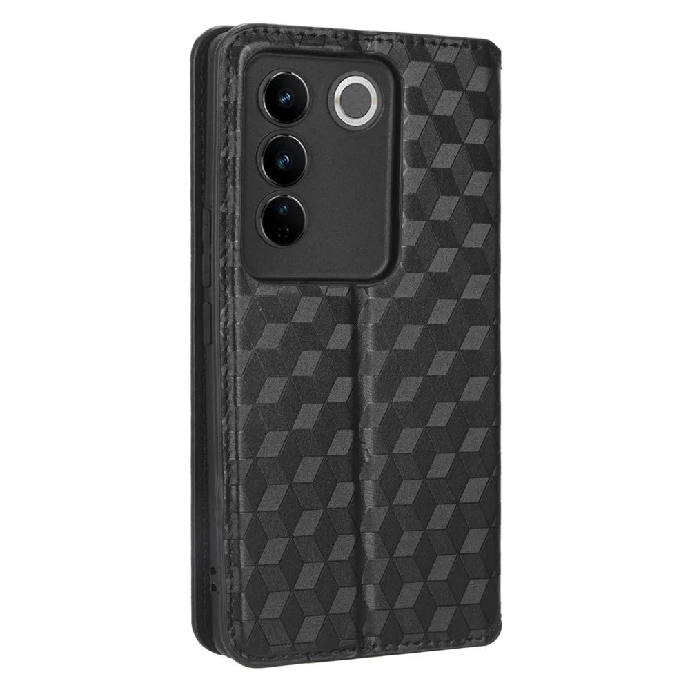 For vivo S16 / S16 Pro / V27 / V27 Pro Rhombus Pattern Imprinted Magnetic Closure Stand Cover Shockproof PU Leather Flip Wallet Phone Case - Black - 6