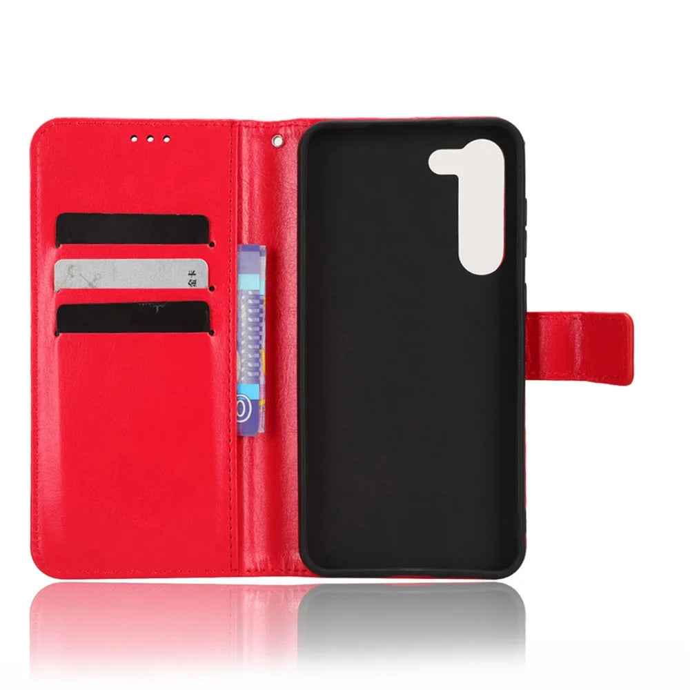 Phone Cover for Samsung Galaxy S23 Crazy Horse Texture PU Leather Flip Phone Case Wallet Stand Cover with Strap - Red - 4
