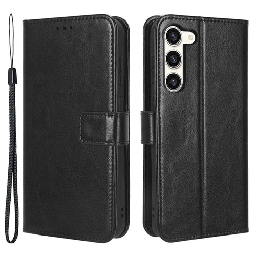 Phone Cover for Samsung Galaxy S23+ PU Leather Crazy Horse Texture Wallet Stand Phone Case with Strap - Black - 1