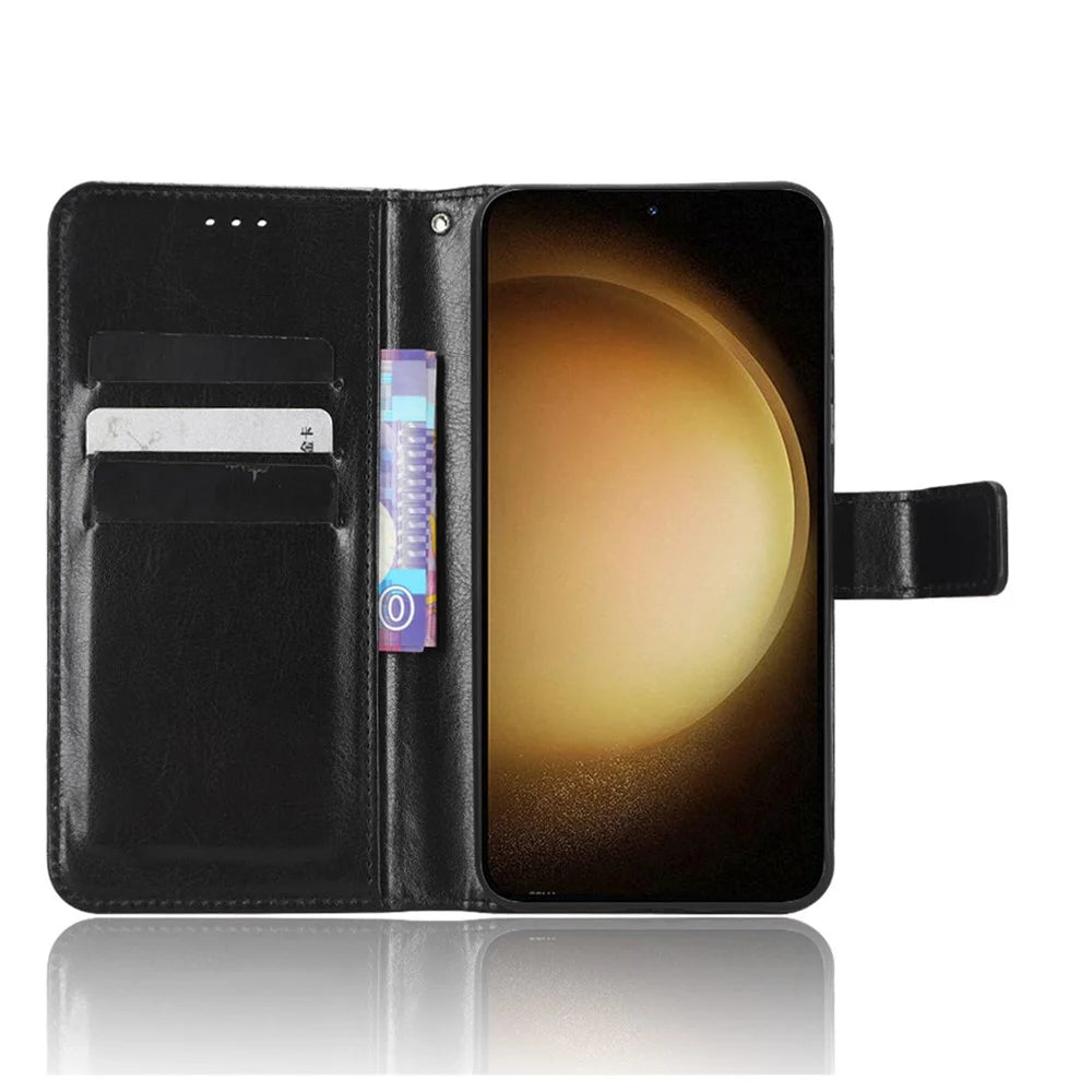 Phone Cover for Samsung Galaxy S23+ PU Leather Crazy Horse Texture Wallet Stand Phone Case with Strap - Black - 2