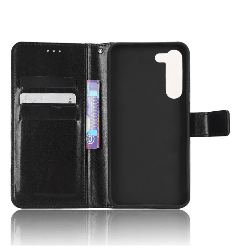 Phone Cover for Samsung Galaxy S23+ PU Leather Crazy Horse Texture Wallet Stand Phone Case with Strap - Black - 4