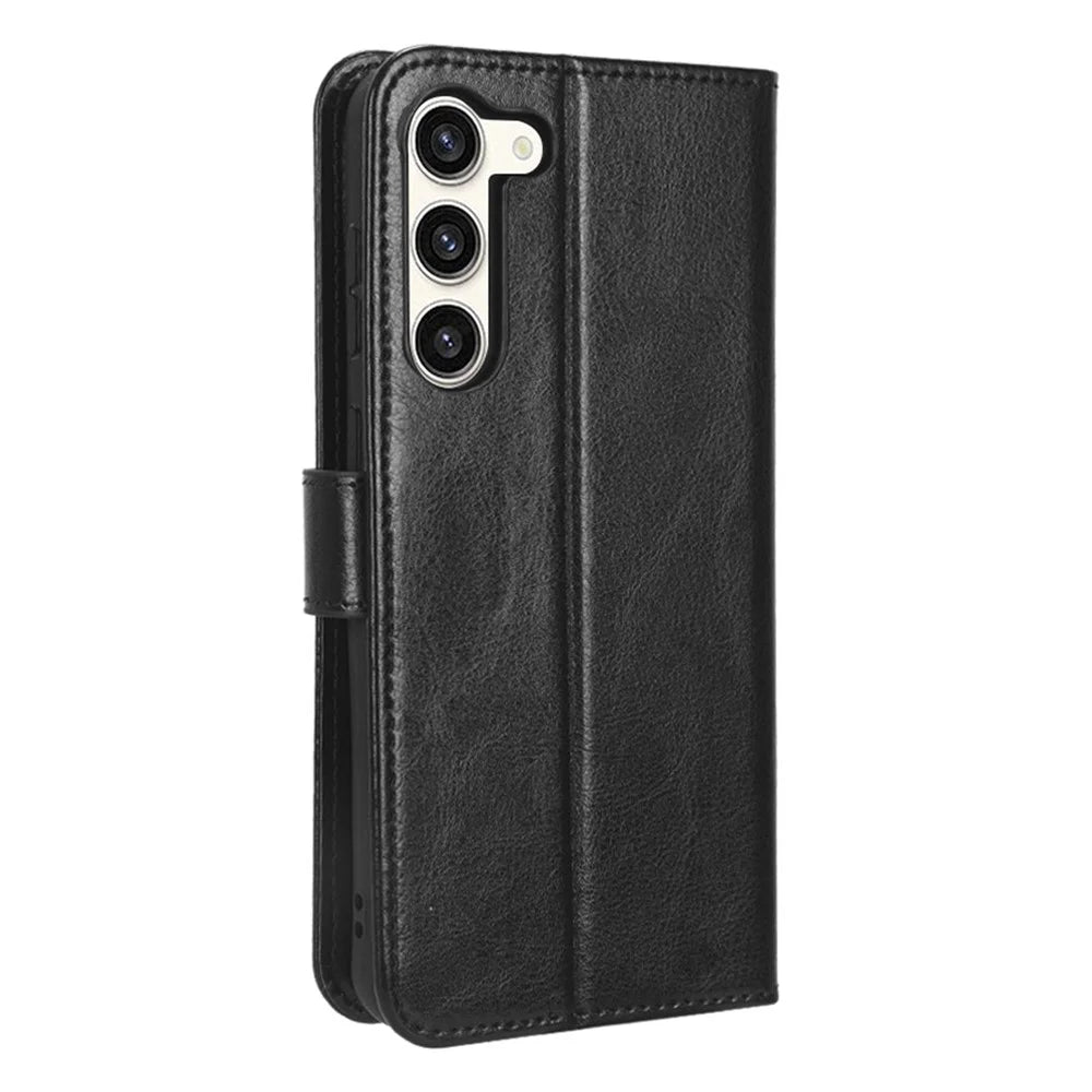 Phone Cover for Samsung Galaxy S23+ PU Leather Crazy Horse Texture Wallet Stand Phone Case with Strap - Black - 7