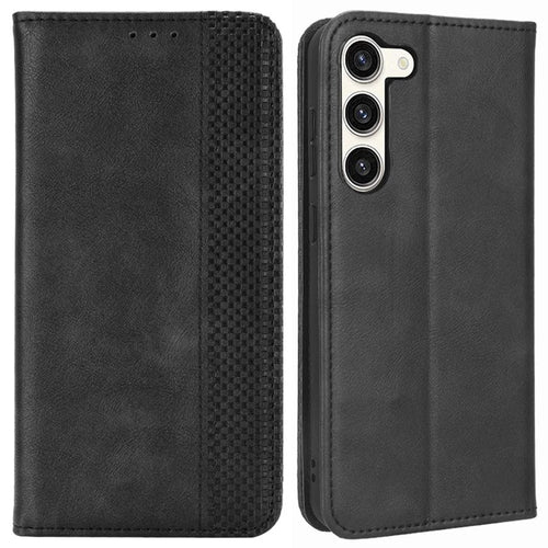 Retro Texture Phone Case for Samsung Galaxy S23, PU Leather Stand Wallet Cellphone Cover - Black - 1