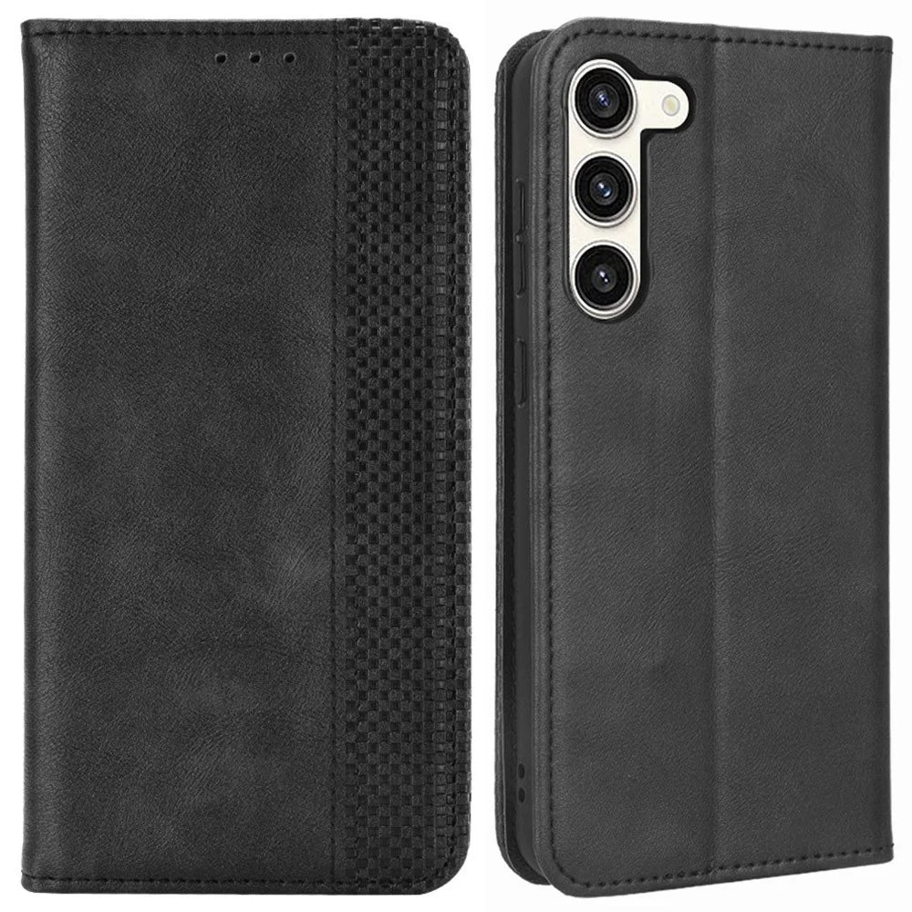 Retro Texture Phone Case for Samsung Galaxy S23, PU Leather Stand Wallet Cellphone Cover - Black - 1