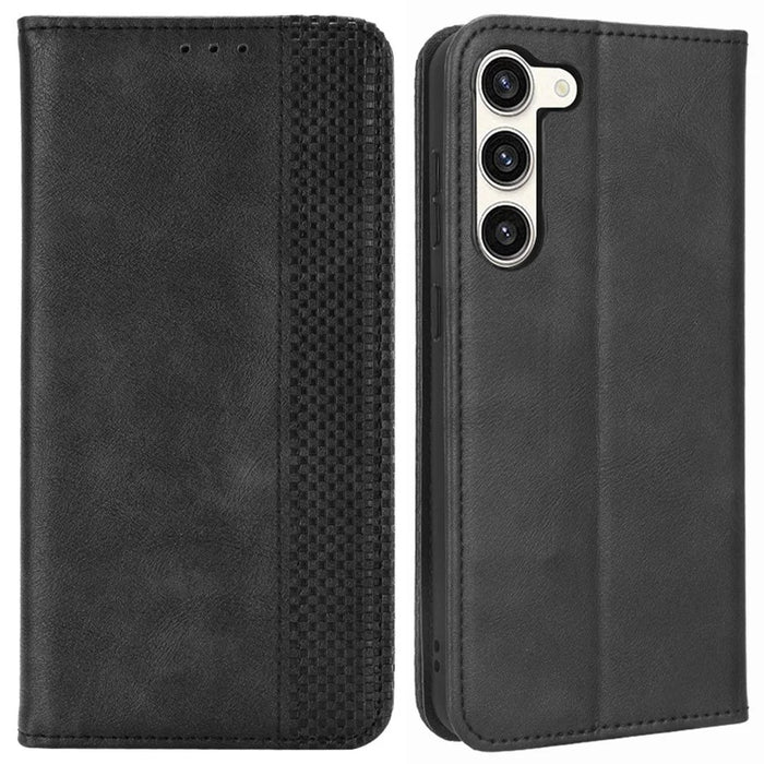 Retro Texture Phone Case for Samsung Galaxy S23, PU Leather Stand Wallet Cellphone Cover - Black - 1