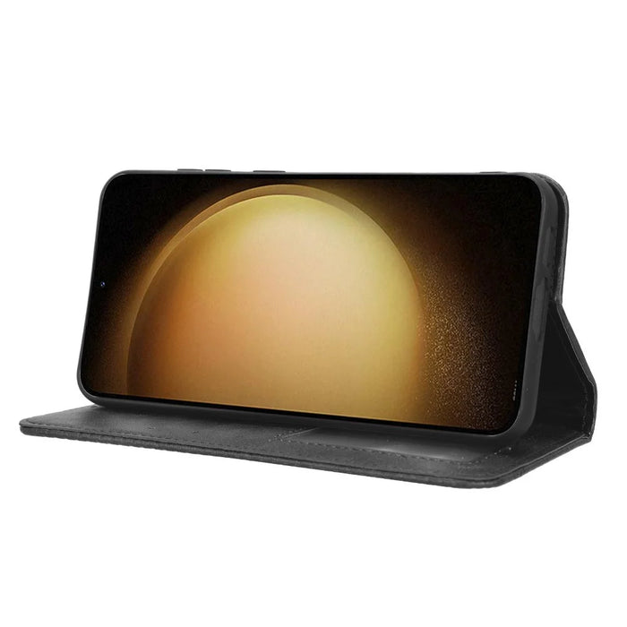 Retro Texture Phone Case for Samsung Galaxy S23, PU Leather Stand Wallet Cellphone Cover - Black - 3