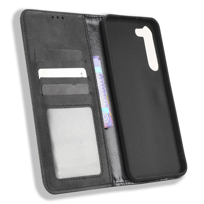 Retro Texture Phone Case for Samsung Galaxy S23, PU Leather Stand Wallet Cellphone Cover - Black - 4