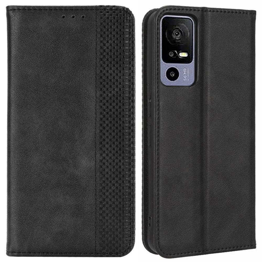 Retro Texture Phone Case for TCL 40R 5G, Fall Protection PU Leather Stand Wallet Cellphone Cover - Black - 1