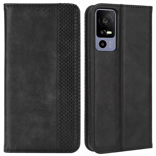Retro Texture Phone Case for TCL 40R 5G, Fall Protection PU Leather Stand Wallet Cellphone Cover - Black - 1