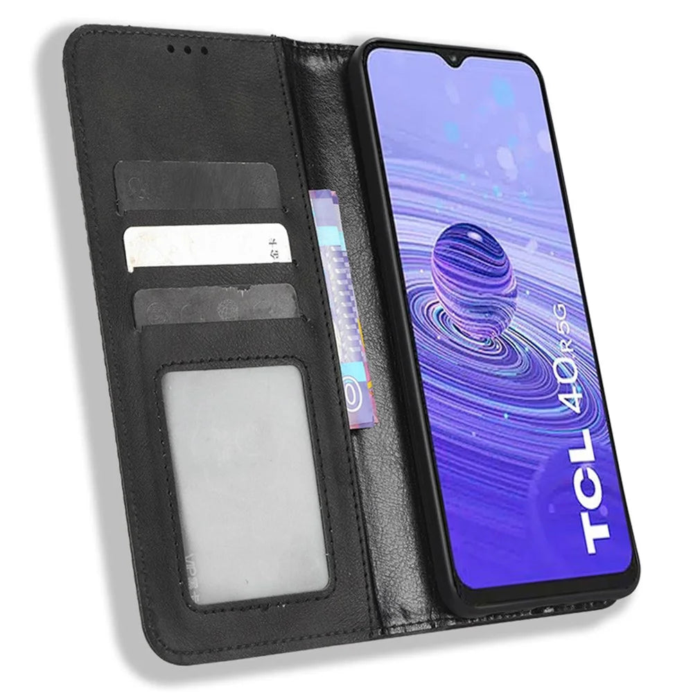 Retro Texture Phone Case for TCL 40R 5G, Fall Protection PU Leather Stand Wallet Cellphone Cover - Black - 2
