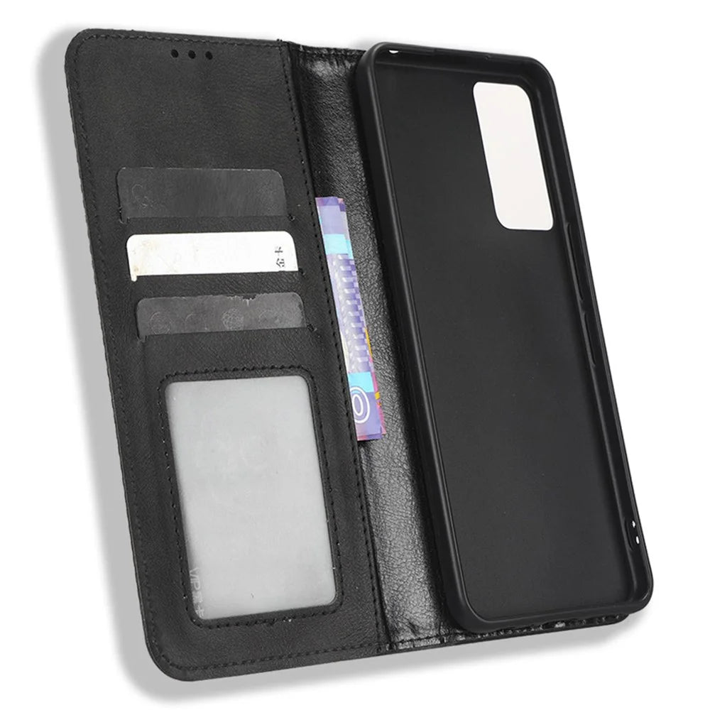 Retro Texture Phone Case for TCL 40R 5G, Fall Protection PU Leather Stand Wallet Cellphone Cover - Black - 4
