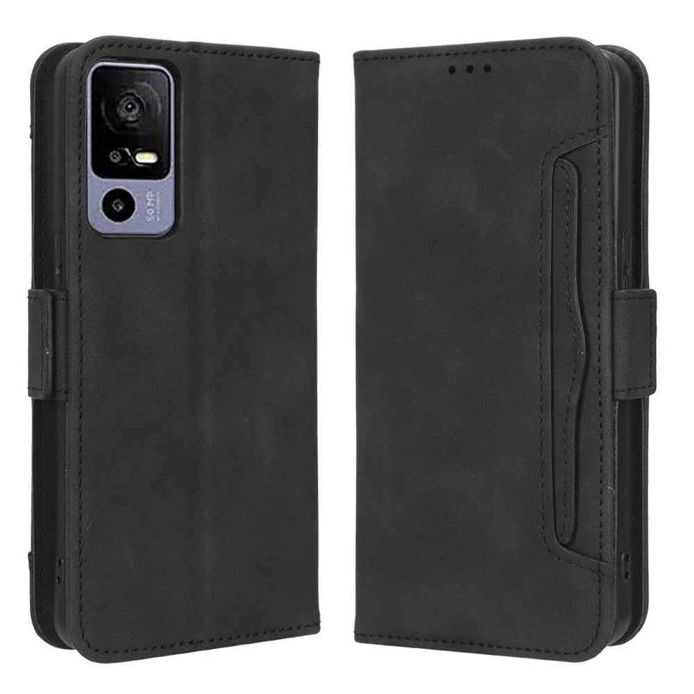 For TCL 40R 5G Phone Wallet Cover, Multiple Card Slots Stand PU Leather Phone Case - Black - 1