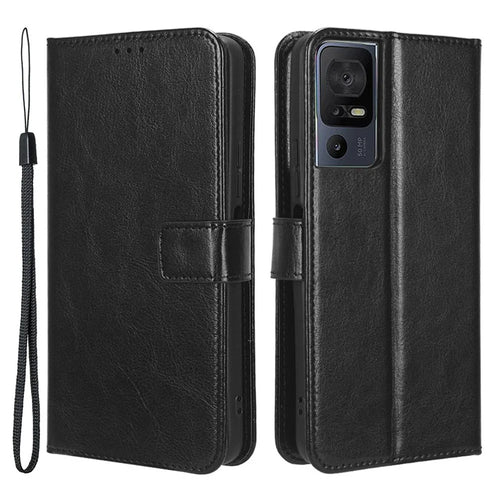 For TCL 40 SE Crazy Horse Texture Magnetic Cell Phone Case Flip Wallet Stand PU Leather Phone Cover with Strap - Black - 1