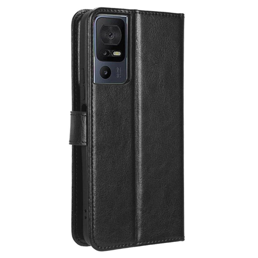 For TCL 40 SE Crazy Horse Texture Magnetic Cell Phone Case Flip Wallet Stand PU Leather Phone Cover with Strap - Black - 7