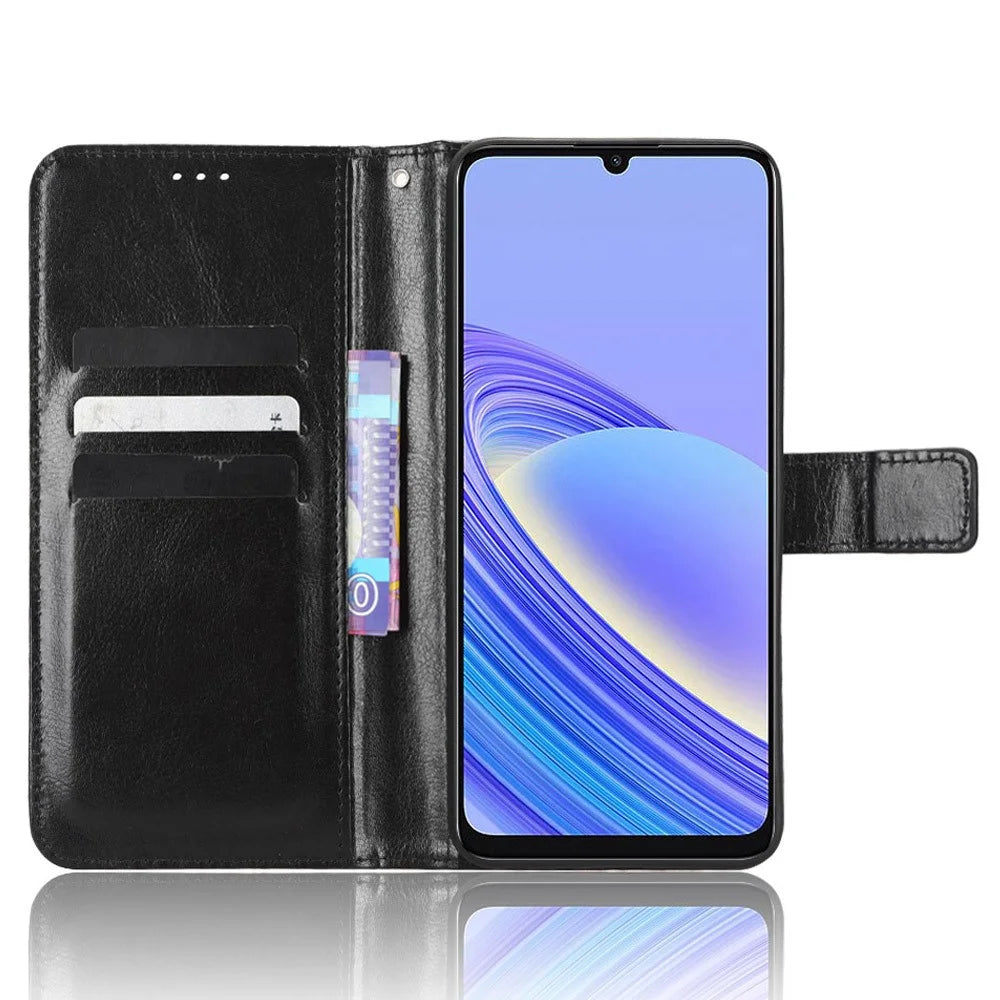 For TCL 40 SE Crazy Horse Texture Magnetic Cell Phone Case Flip Wallet Stand PU Leather Phone Cover with Strap - Black - 2