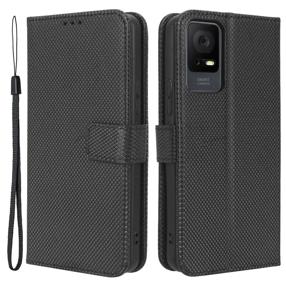 For TCL 405 / 406 / 408 / T506D Shockproof Phone Case PU Leather Foldable Stand Flip Wallet Magnetic Clasp Phone Cover - Black - 1