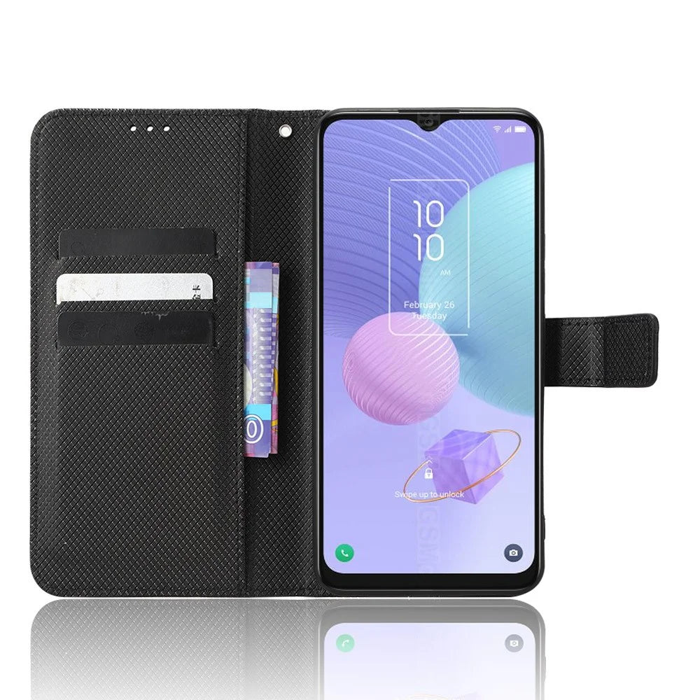 For TCL 405 / 406 / 408 / T506D Shockproof Phone Case PU Leather Foldable Stand Flip Wallet Magnetic Clasp Phone Cover - Black - 2