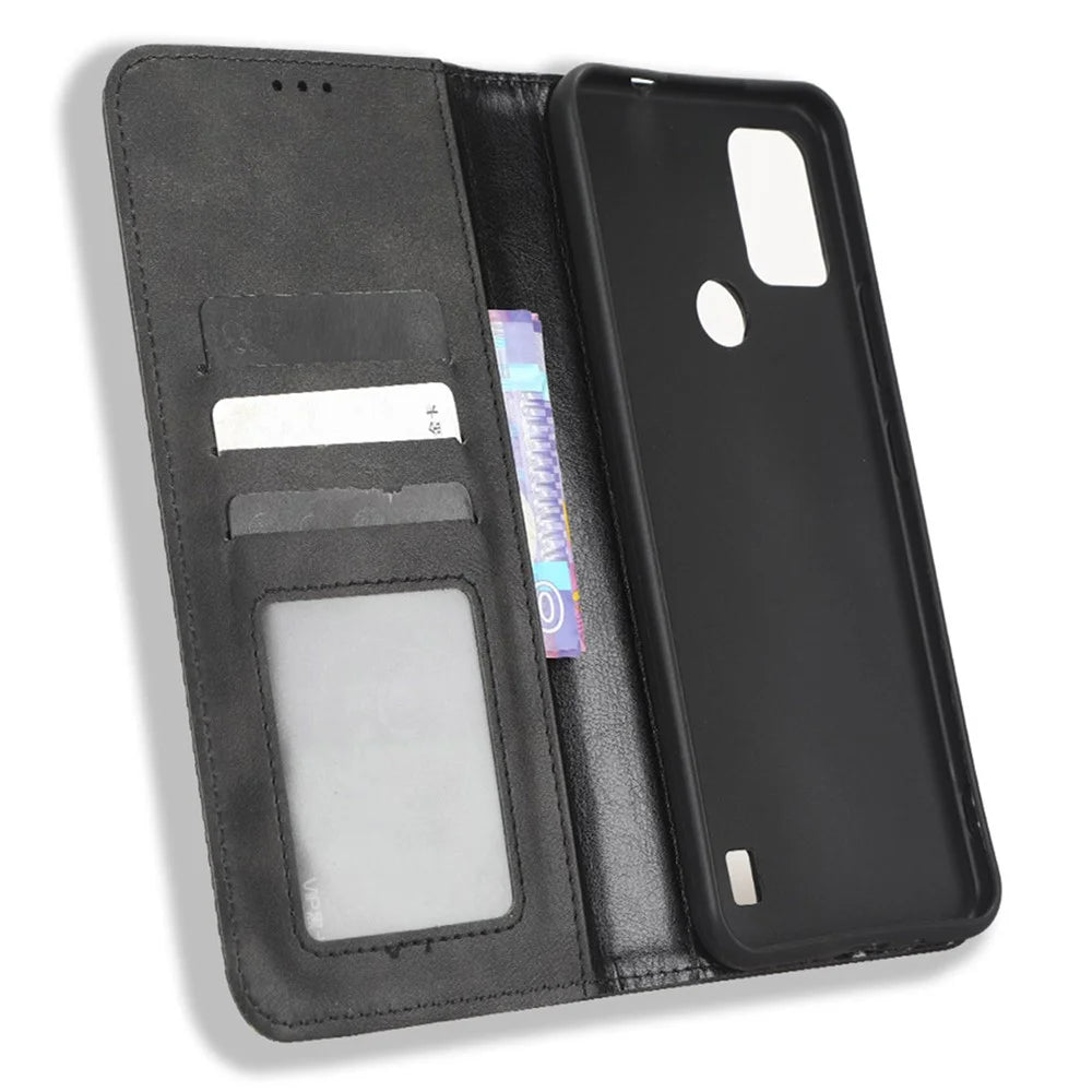 Magnetic Phone Cover for Vodafone Smart V22, Retro Texture Flip Leather Wallet Case Protective Phone Cover - Black - 4