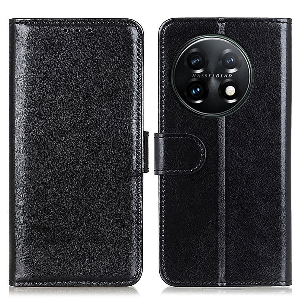 Phone Stand Case Wallet for OnePlus 11 5G, Crazy Horse Texture Magnetic Clasp PU Leather + TPU Shockproof Cover - Black - 1
