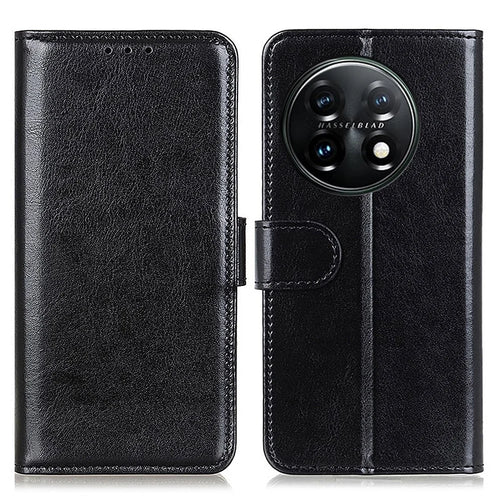 Phone Stand Case Wallet for OnePlus 11 5G, Crazy Horse Texture Magnetic Clasp PU Leather + TPU Shockproof Cover - Black - 1