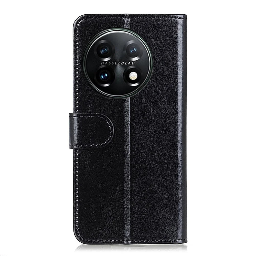 Phone Stand Case Wallet for OnePlus 11 5G, Crazy Horse Texture Magnetic Clasp PU Leather + TPU Shockproof Cover - Black - 7