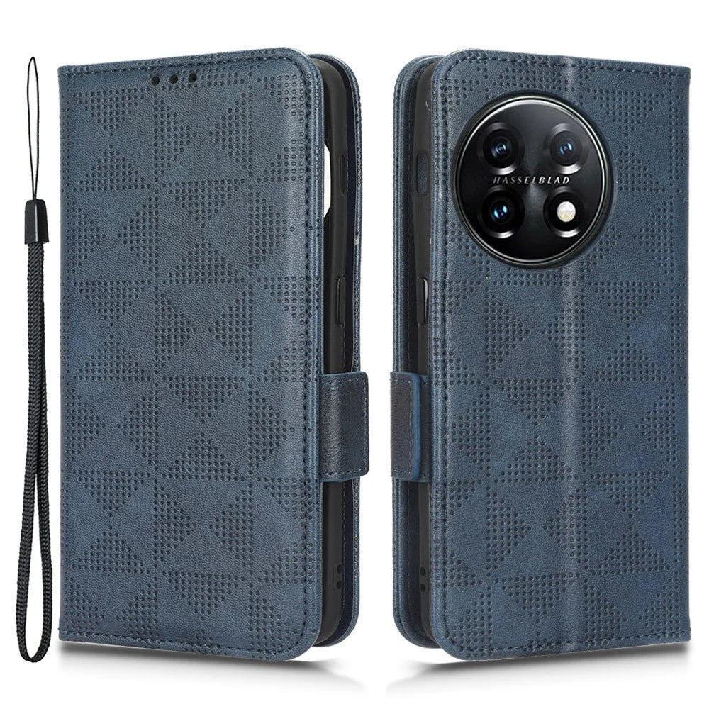 For OnePlus 11 5G Cell Phone Case Imprinted Triangle Pattern Phone Cover PU Leather Wallet with Wrist Strap - Blue - 1