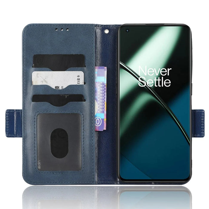 For OnePlus 11 5G Cell Phone Case Imprinted Triangle Pattern Phone Cover PU Leather Wallet with Wrist Strap - Blue - 2