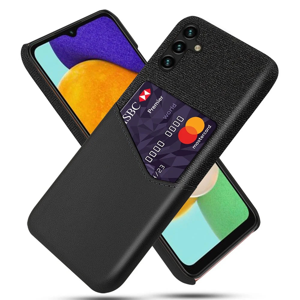For Samsung Galaxy A34 5G Cloth Texture Card Holder Phone Case PU Leather Coated Hard PC Phone Cover - Black - 1